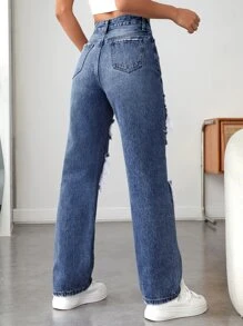 SHEIN PETITE 拉鏈門襟破洞直筒牛仔褲 - 深色水洗藍 - 查看 2