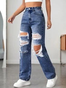 SHEIN PETITE 拉鏈門襟破洞直筒牛仔褲 - 深色水洗藍 - 查看 4