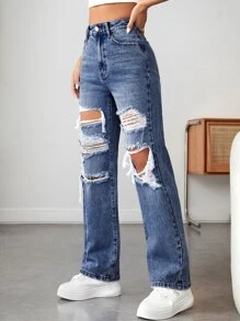 SHEIN PETITE 拉鏈門襟破洞直筒牛仔褲 - 深色水洗藍 - 查看 5