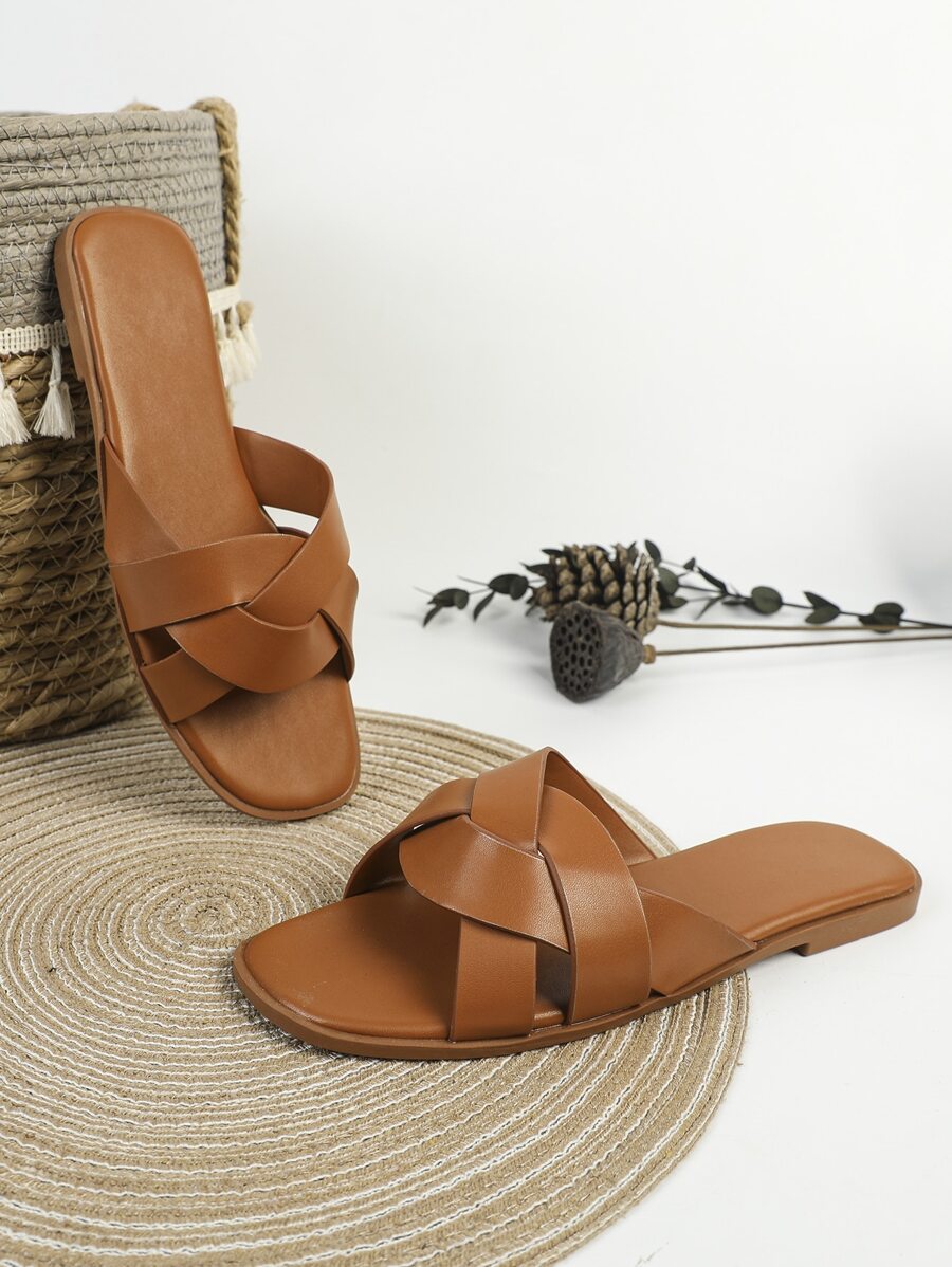 女士休閒和時尚棕色平底涼鞋帶方頭和一腳蹬設計,適用於日常穿著 - 棕色 - 查看 1