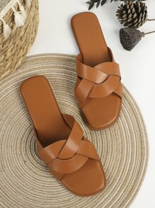 女士休閒和時尚棕色平底涼鞋帶方頭和一腳蹬設計,適用於日常穿著 - 棕色 - 查看 2