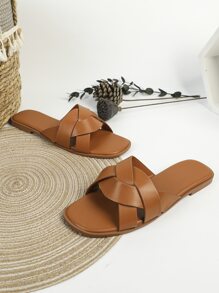 女士休閒和時尚棕色平底涼鞋帶方頭和一腳蹬設計,適用於日常穿著 - 棕色 - 查看 3