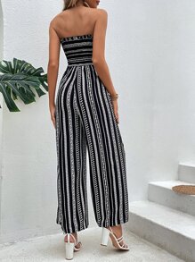 SHEIN Holidaya Striped & Geo Print Shirred Tube Jumpsuit - Black - View 2