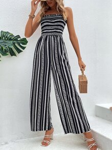 SHEIN Holidaya Striped & Geo Print Shirred Tube Jumpsuit - Black - View 3