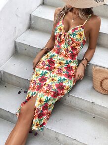 SHEIN VCAY Floral Print Knot Front Split Thigh Cami Dress - Apricot - View 3