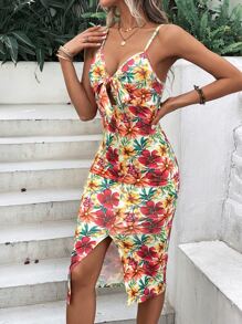 SHEIN VCAY Floral Print Knot Front Split Thigh Cami Dress - Apricot - View 4
