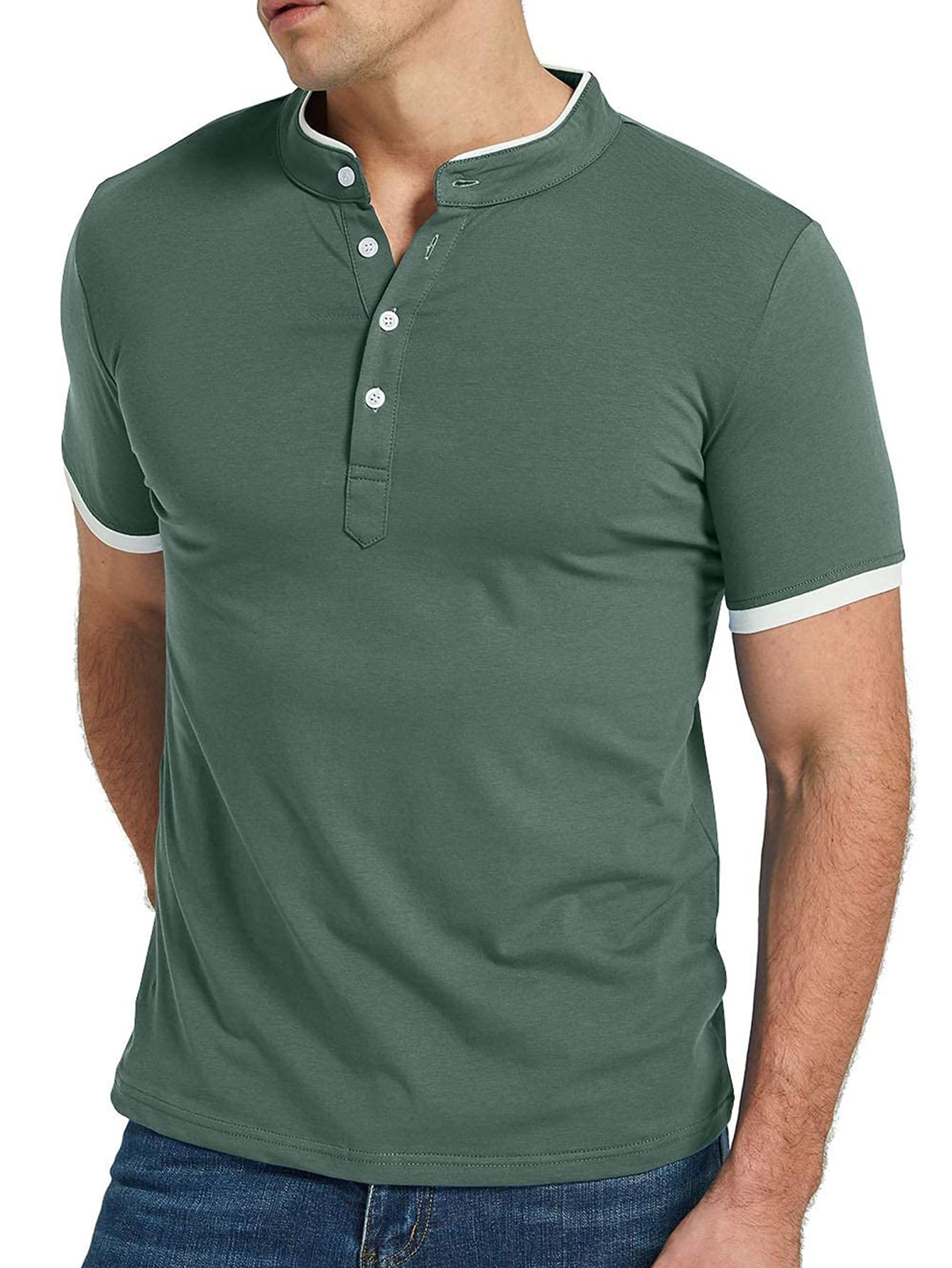 Camisa polo con ribete de contraste para hombres - Verde militar - Ver 1