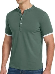 Camisa polo con ribete de contraste para hombres - Verde militar - Ver 3