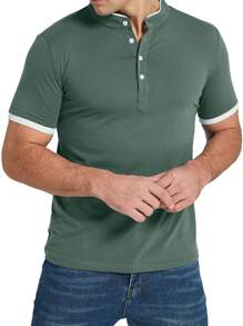 Camisa polo con ribete de contraste para hombres - Verde militar - Ver 5