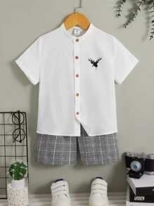 SHEIN 小男童麋鹿圖案襯衫和格紋短褲 - 白色 - 查看 1
