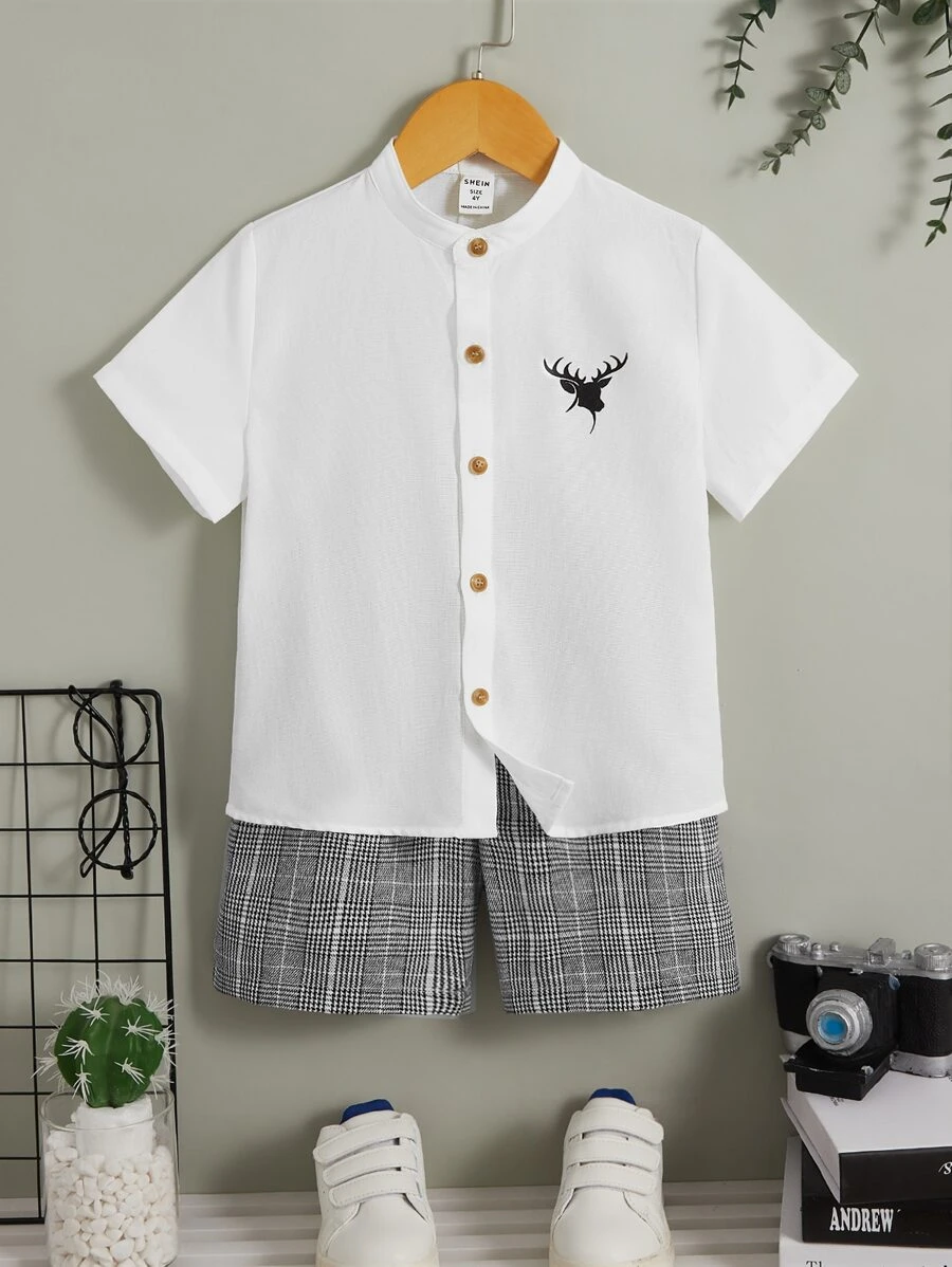SHEIN 小男童麋鹿圖案襯衫和格紋短褲 - 白色 - 查看 1