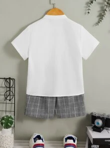 SHEIN 小男童麋鹿圖案襯衫和格紋短褲 - 白色 - 查看 2