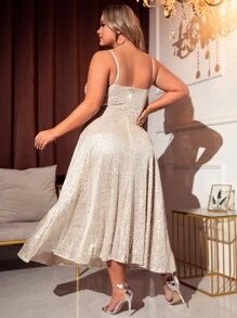 Plus Plunge Neck Cami Sequin Dress - Champagne - View 2