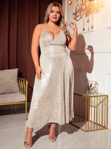 Plus Plunge Neck Cami Sequin Dress - Champagne - View 3
