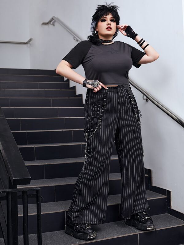 Grunge Punk Plus Striped Print Grommet Eyelet Chain Detail Pants