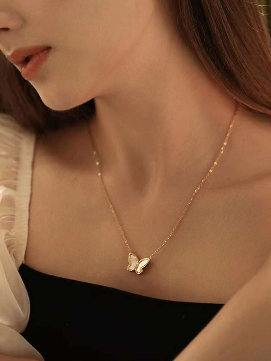 Butterfly Pendant Necklace - Yellow Gold - View 1