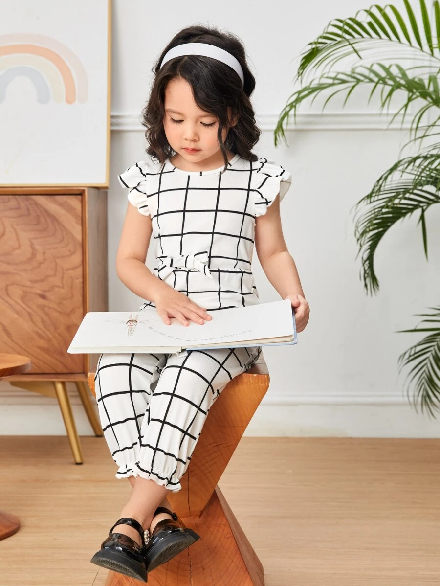 Toddler Girls Windowpane Print Butterfly Sleeve Flounce Hem Bow Front Jumpsuit - Black and White - View 1