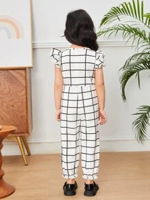 Toddler Girls Windowpane Print Butterfly Sleeve Flounce Hem Bow Front Jumpsuit - Black and White - View 2