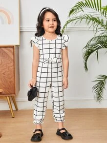 Toddler Girls Windowpane Print Butterfly Sleeve Flounce Hem Bow Front Jumpsuit - Black and White - View 3