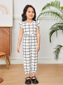 Toddler Girls Windowpane Print Butterfly Sleeve Flounce Hem Bow Front Jumpsuit - Black and White - View 4
