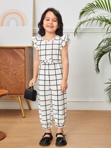 Toddler Girls Windowpane Print Butterfly Sleeve Flounce Hem Bow Front Jumpsuit - Black and White - View 5