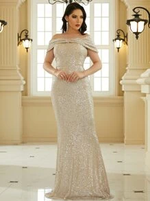 Missord Off Shoulder Sequin Formal Dress - Apricot - View 1