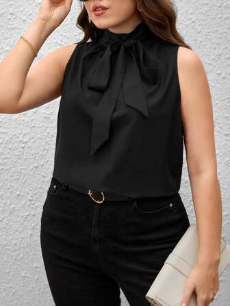 SHEIN Privé 大碼繫帶領無袖襯衫