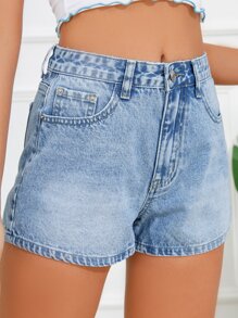 SHEIN Frenchy 夏季休闲水洗斜口袋牛仔短裤 - 淺色水洗藍 - 查看 4