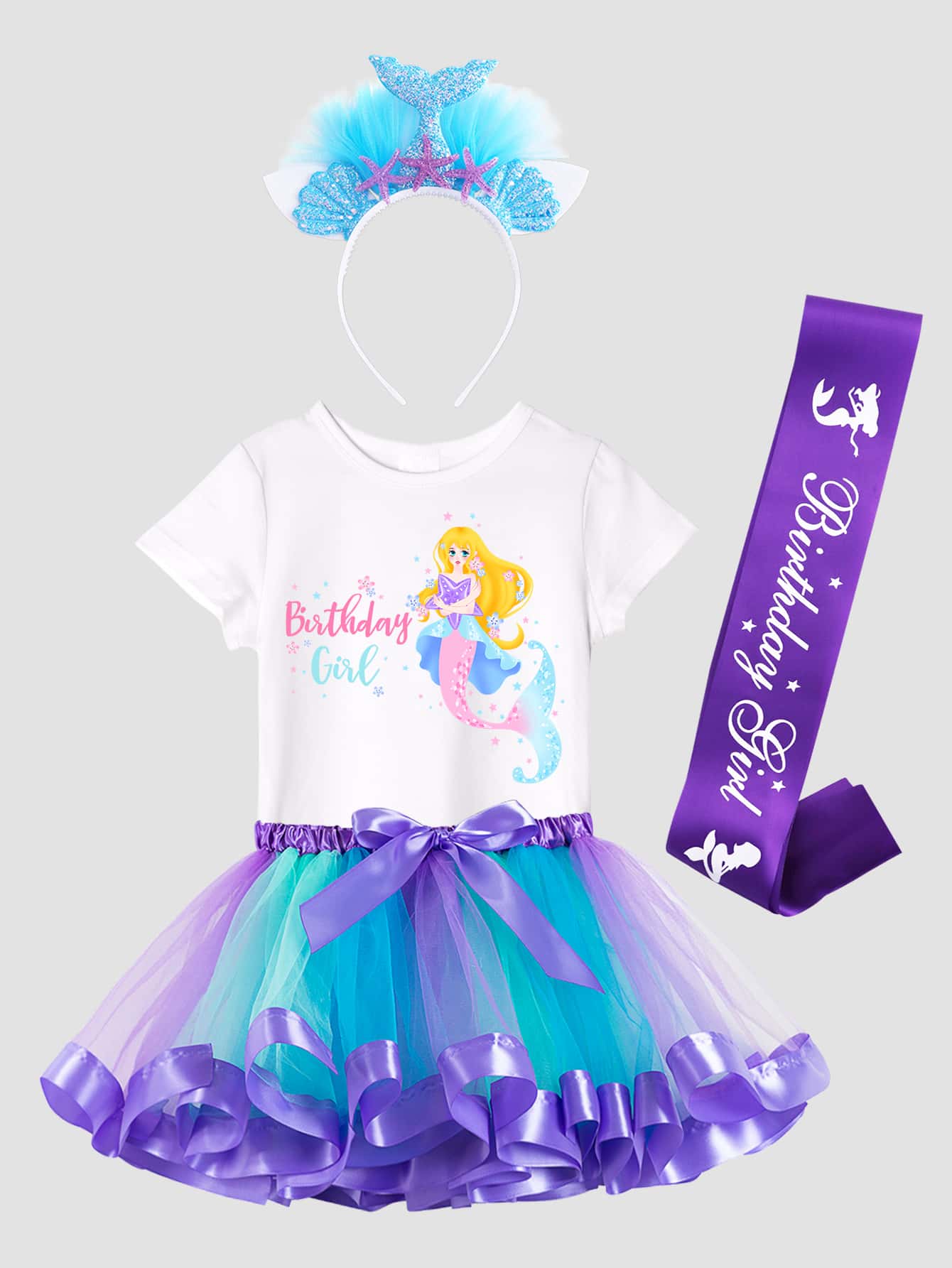 小女童美人魚圖案T恤和網紗半身裙 - 彩色 - 查看 1