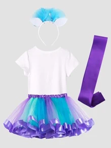 小女童美人魚圖案T恤和網紗半身裙 - 彩色 - 查看 2