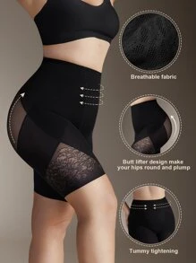 Floral Lace Panel High Waisted Shapewear Shorts - Black - View 3