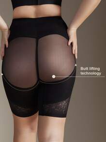 Floral Lace Panel High Waisted Shapewear Shorts - Black - View 4