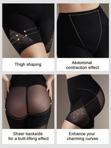 Floral Lace Panel High Waisted Shapewear Shorts - Black - View 5