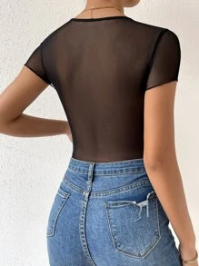 Allurite Áo liền quần ôm nữ Tương phản ren Tương phản Mesh Xù nhỏ cắt màu trơn Gợi cảm - màu đen - Xem 2