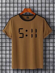 Manfinity Hombres Camiseta con estampado de letra ribete en contraste - Marrón - Ver 3