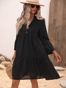 SHEIN LUNE 素色圓點荷葉袖荷葉邊娃娃裙 - 黑色 - 查看 3