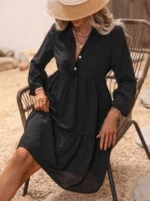 SHEIN LUNE 素色圓點荷葉袖荷葉邊娃娃裙 - 黑色 - 查看 7