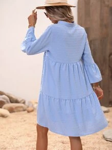SHEIN LUNE Solid Swiss Dot Flounce Sleeve Ruffle Hem Smock Dress - Blue - View 2