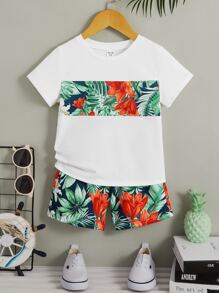 SHEIN 小男童熱帶圖案T恤和短褲 - 彩色 - 查看 1