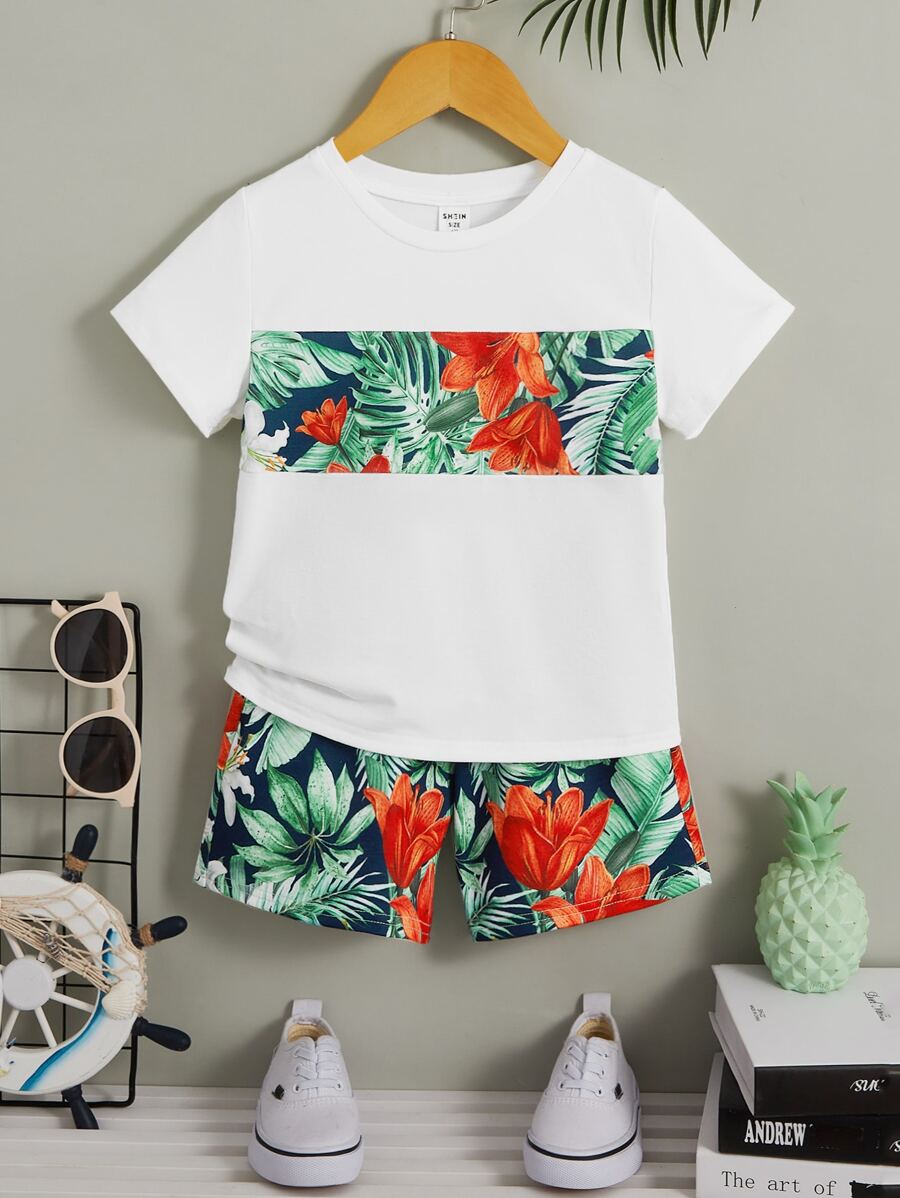 SHEIN 小男童熱帶圖案T恤和短褲 - 彩色 - 查看 1