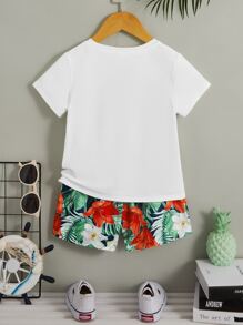 SHEIN 小男童熱帶圖案T恤和短褲 - 彩色 - 查看 2