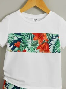SHEIN 小男童熱帶圖案T恤和短褲 - 彩色 - 查看 4