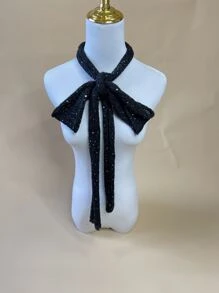 Rhinestone Decor Skinny Scarf - Black - View 2