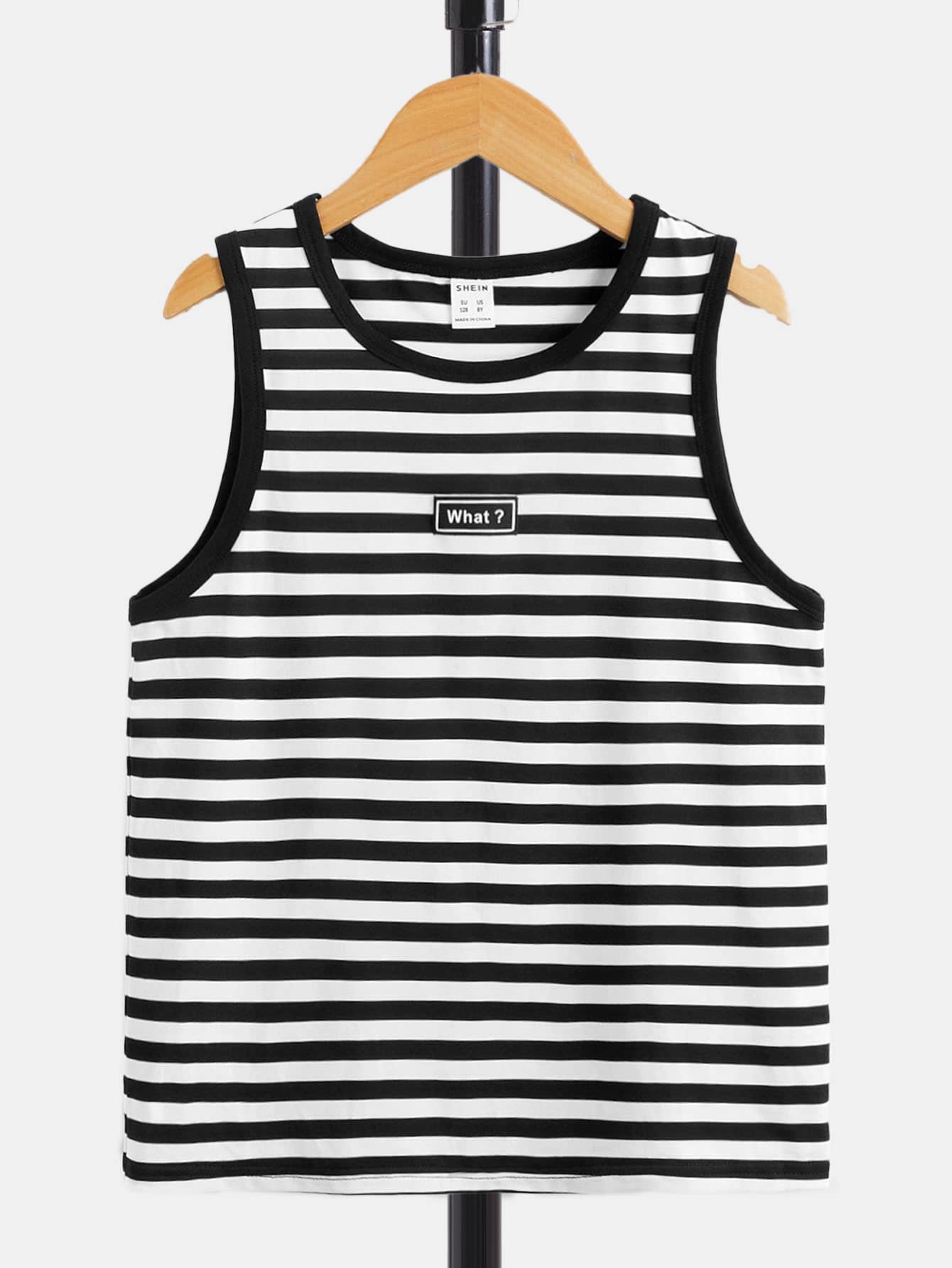 SHEIN Chicos Top tank con estampado de rayas con diseño de parche de letra unido en contraste - Blanco y Negro - Ver 1