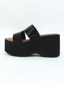Women Cut Out Platform Sandals, Fashionable Black Platform Slide Sandals - Black - View 3