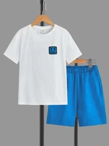 SHEIN 男孩卡通圖案T恤和短褲 - 藍白色 - 查看 1