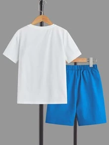 SHEIN 男孩卡通圖案T恤和短褲 - 藍白色 - 查看 2