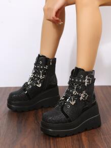 ROMWE Grunge Punk Giày Cao gót Nữ Khóa Chuỗi Đúc màu trơn Punk - màu đen - Xem 3