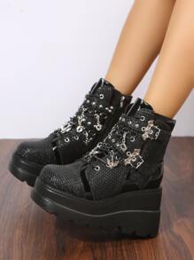 ROMWE Grunge Punk Giày Cao gót Nữ Khóa Chuỗi Đúc màu trơn Punk - màu đen - Xem 4