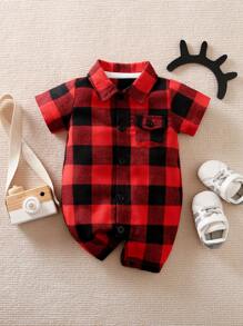 Yierying Baby Boy Buffalo Plaid Flap Pocket Shirt Romper